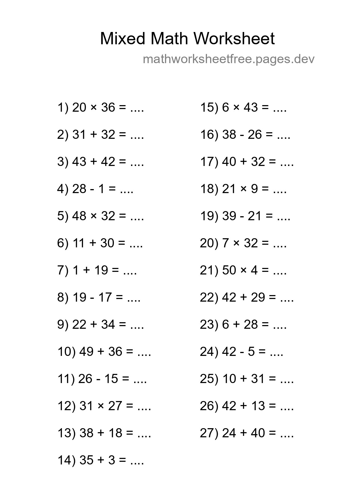 Mixed Operations Math Worksheet