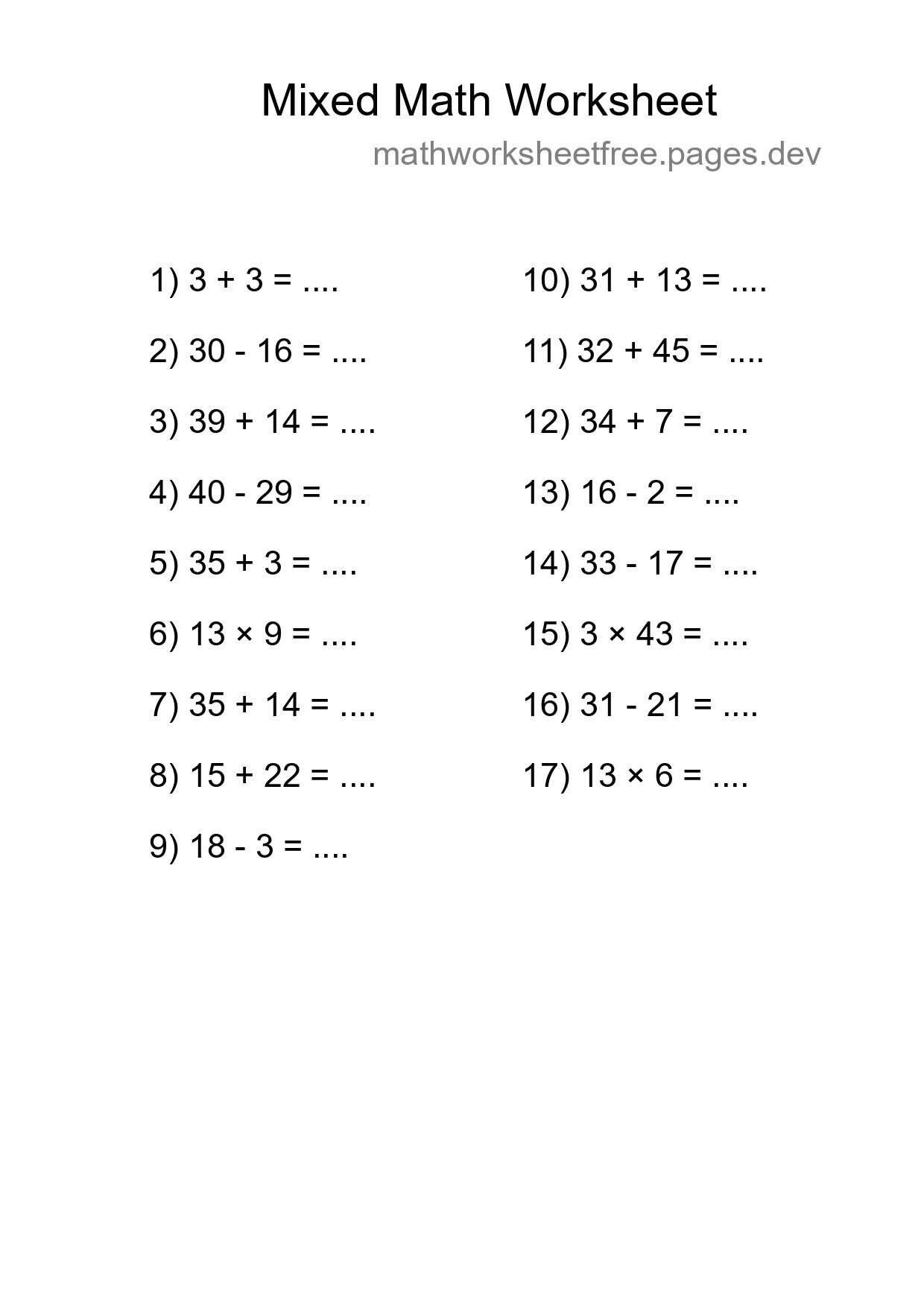 Mixed Operations Math Worksheet