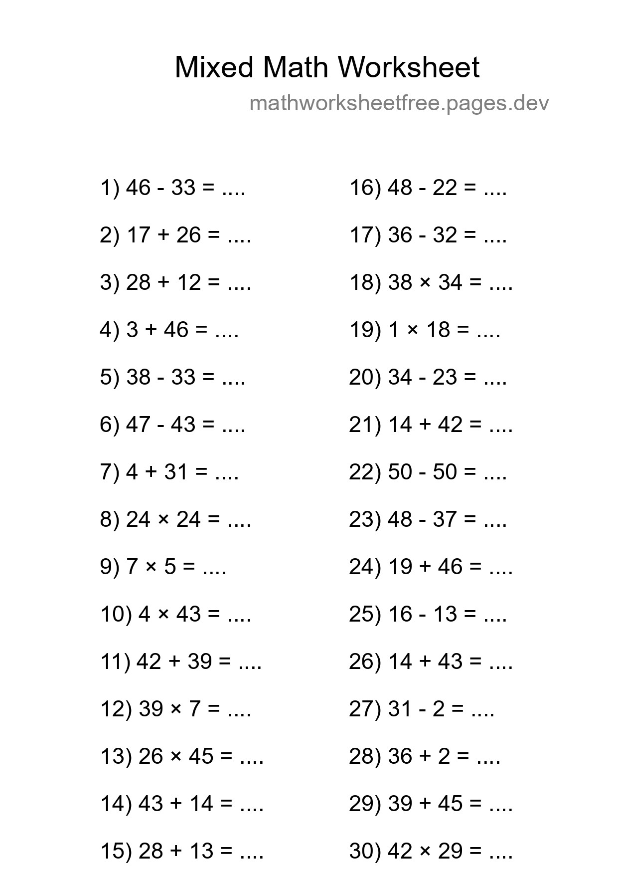 Mixed Operations Math Worksheet