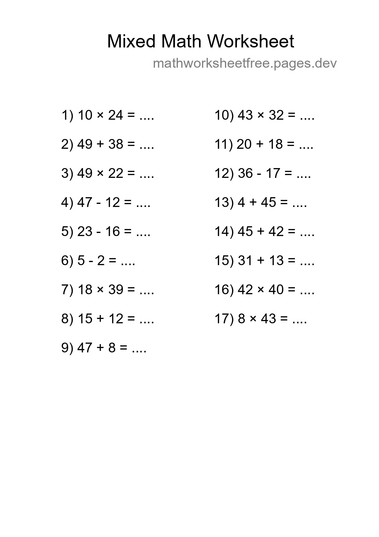 Mixed Operations Math Worksheet