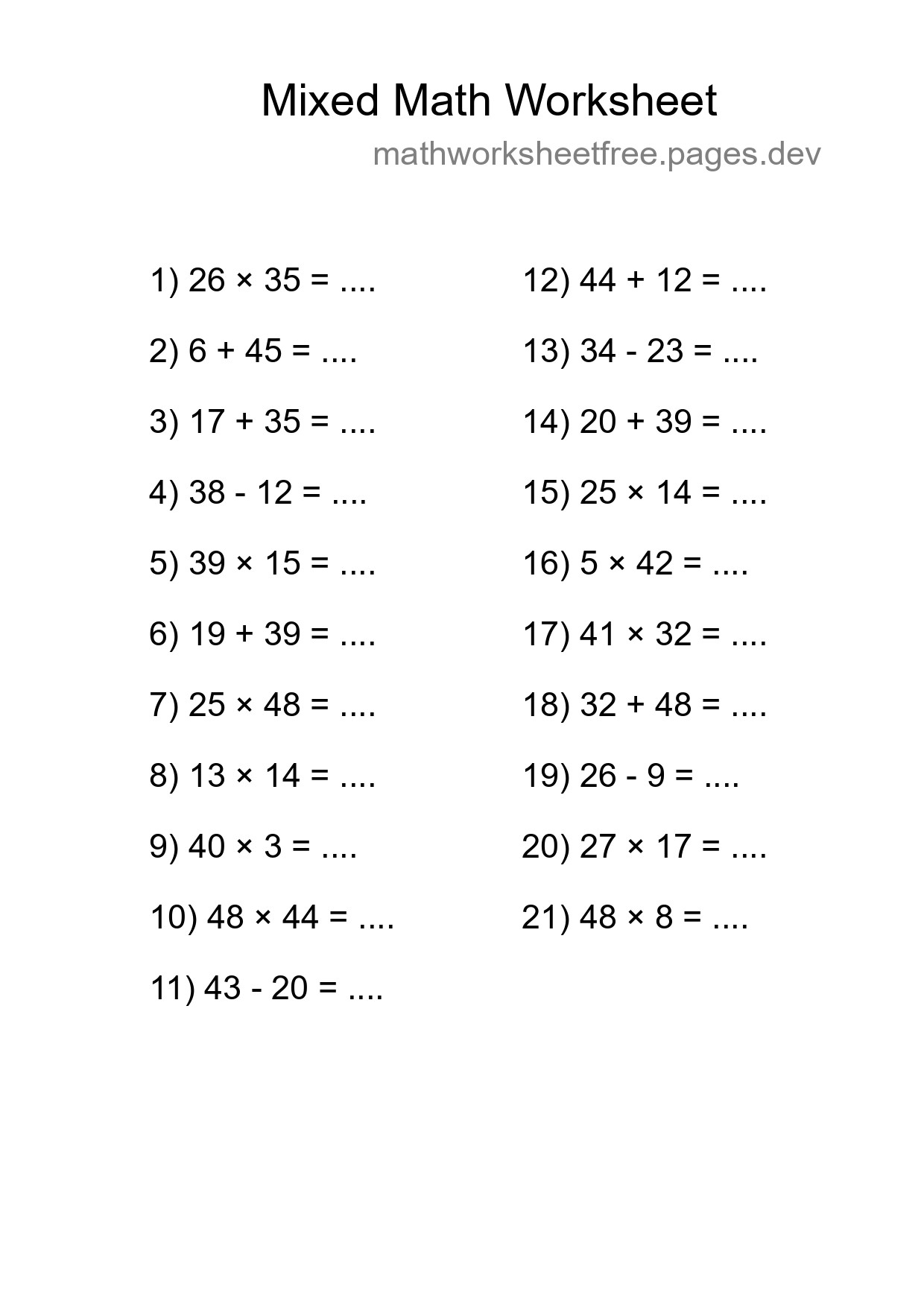 Mixed Operations Math Worksheet