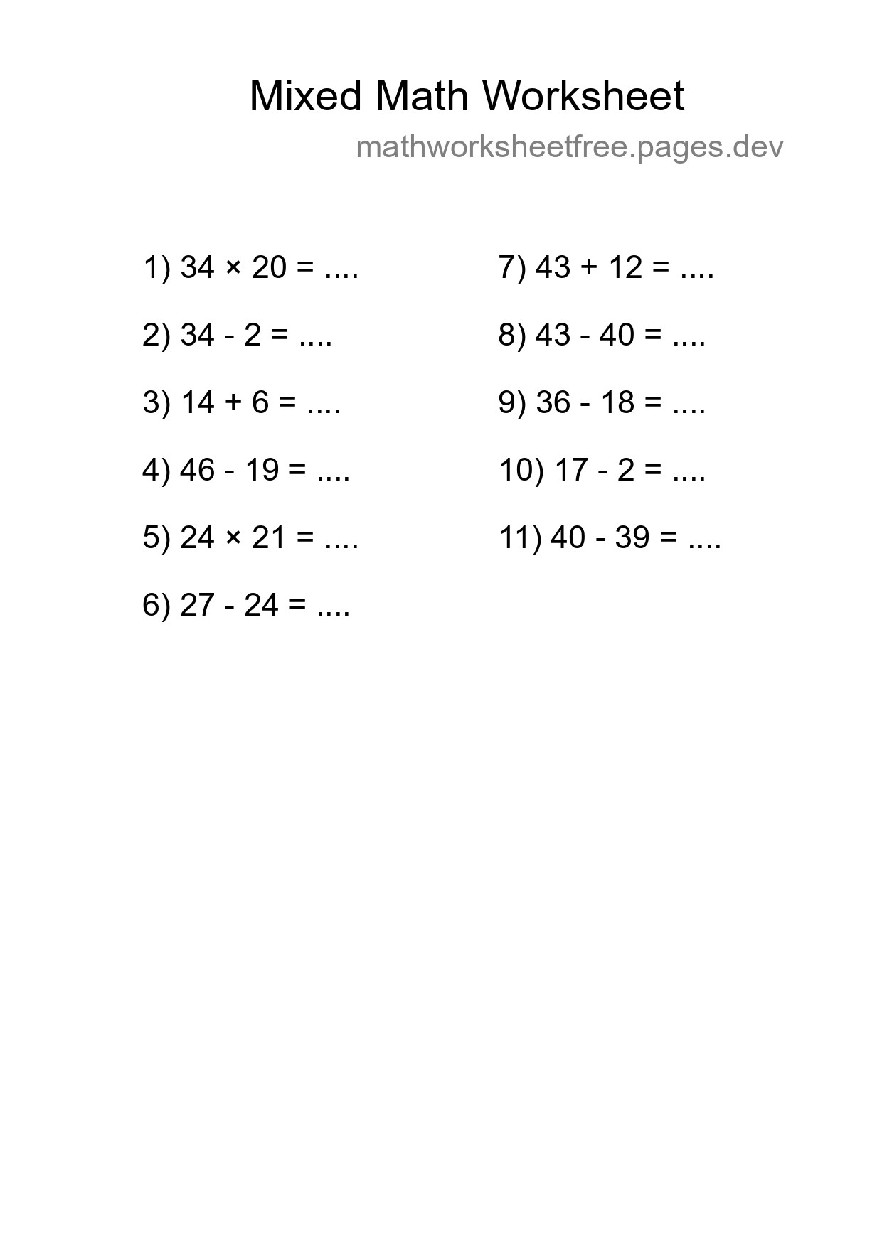 Mixed Operations Math Worksheet