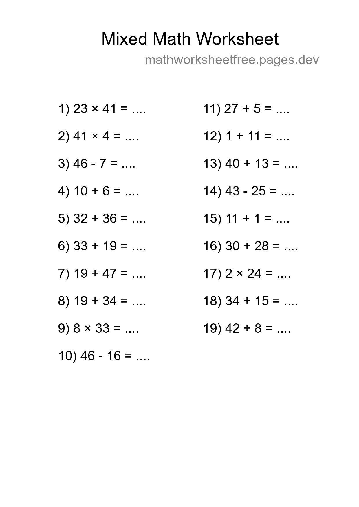 Mixed Operations Math Worksheet