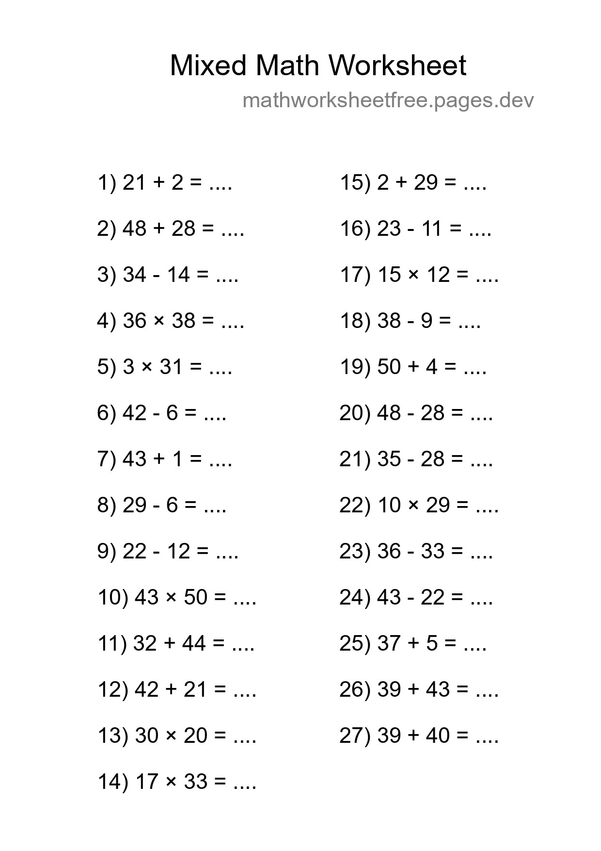 Mixed Operations Math Worksheet