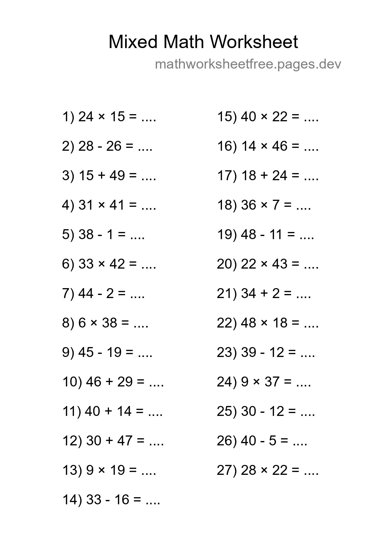 Mixed Operations Math Worksheet