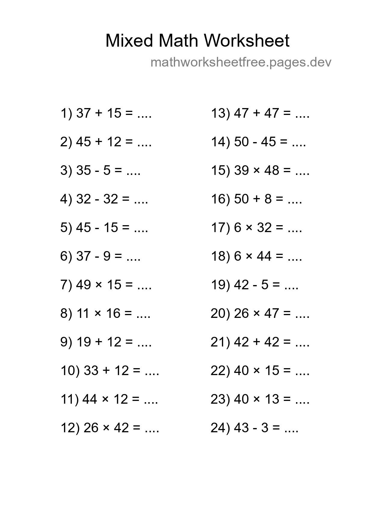Mixed Operations Math Worksheet