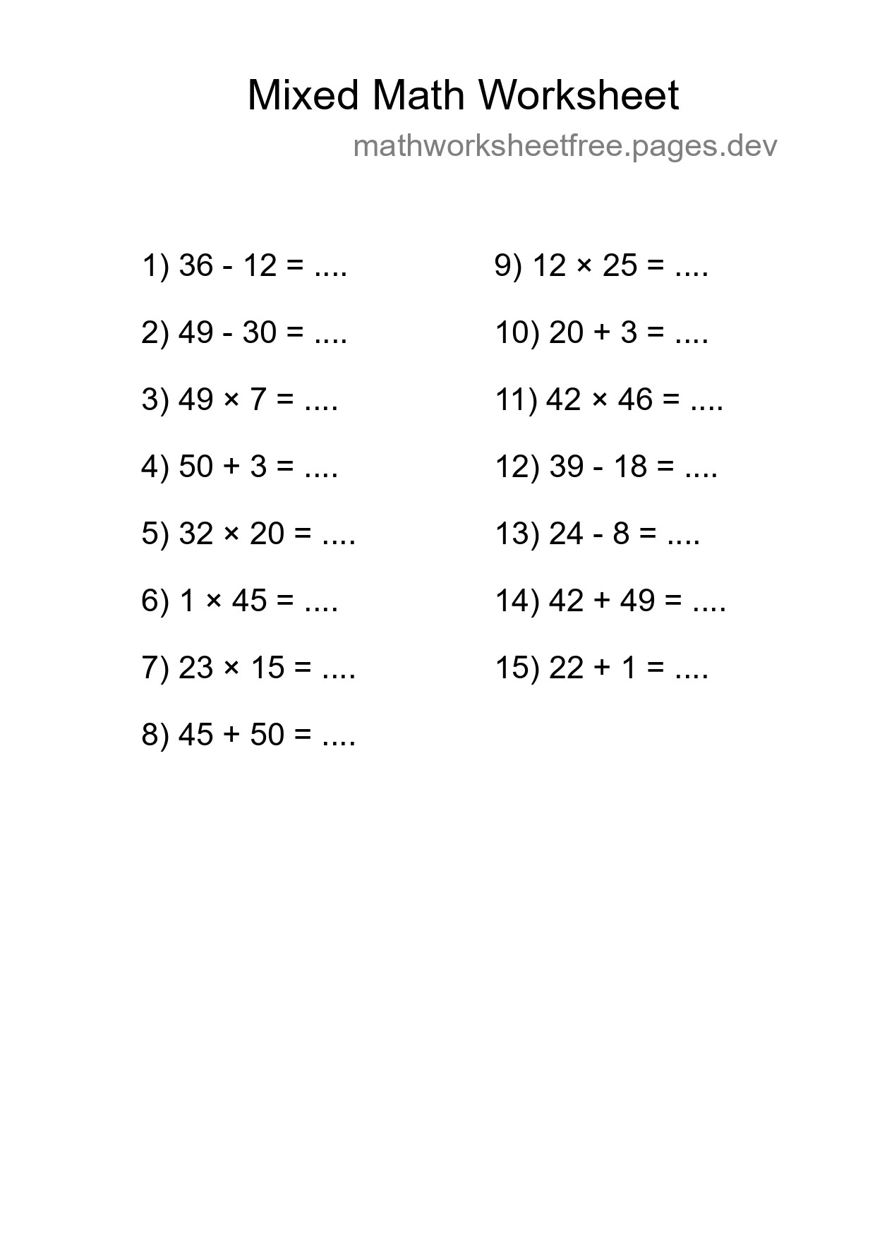 Mixed Operations Math Worksheet