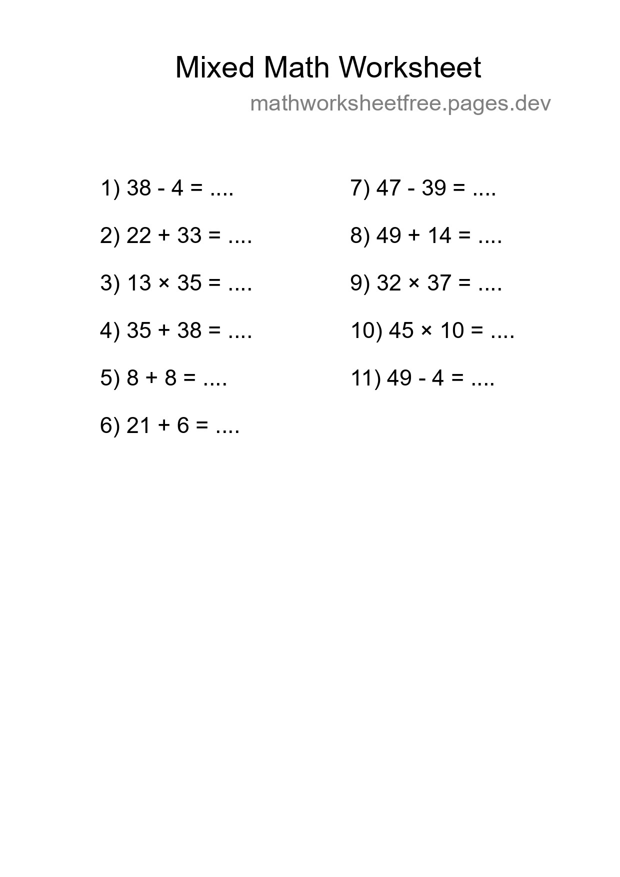 Mixed Operations Math Worksheet