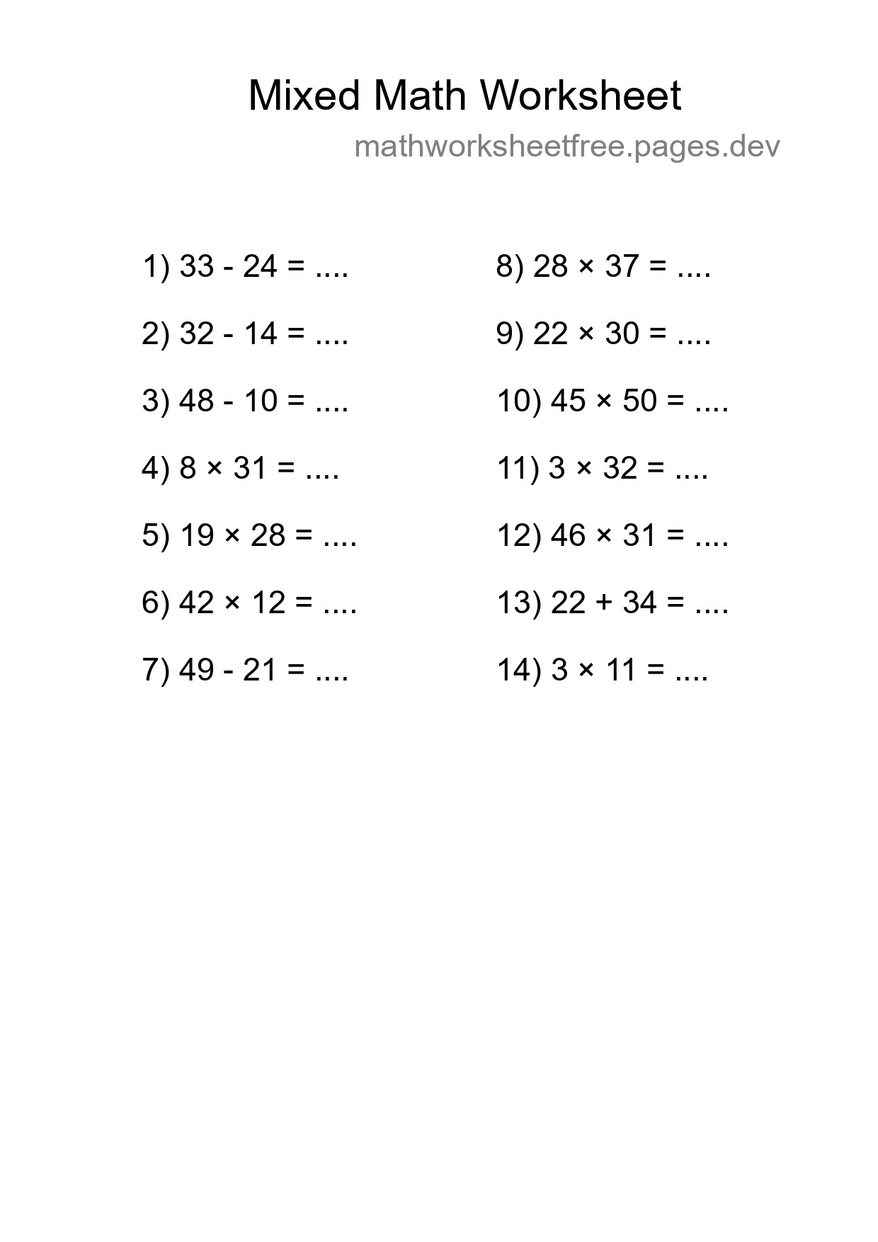 Mixed Operations Math Worksheet