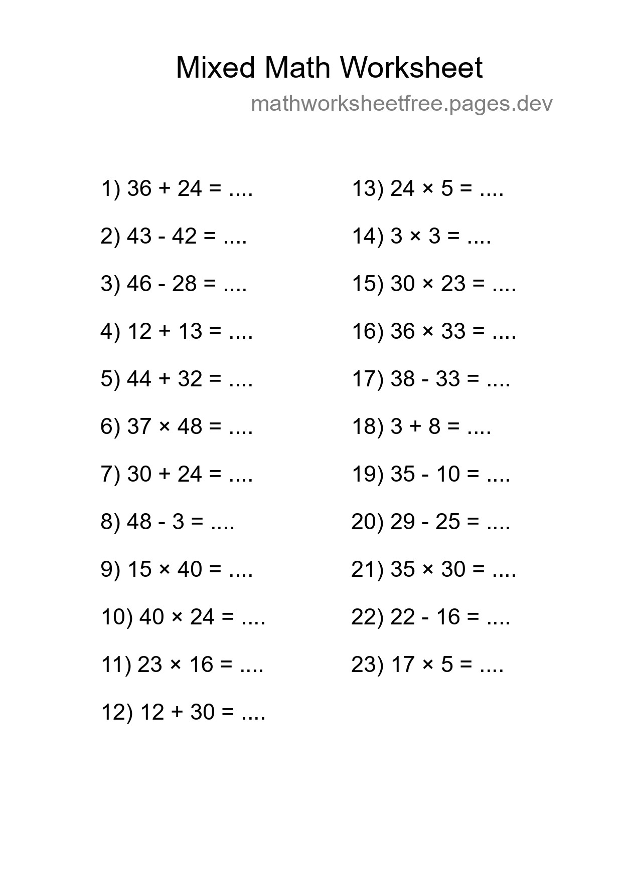Mixed Operations Math Worksheet