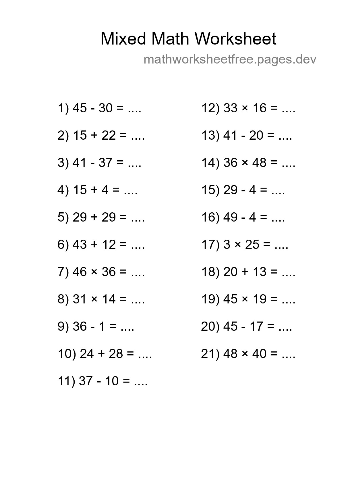 Mixed Operations Math Worksheet