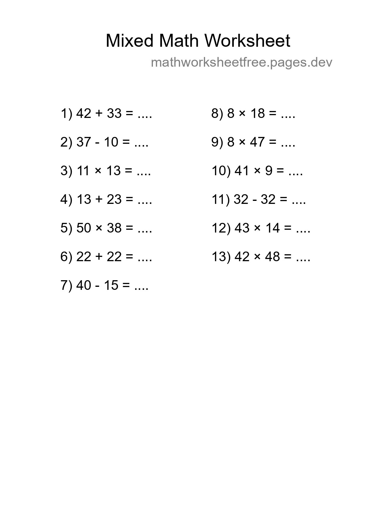 Mixed Operations Math Worksheet