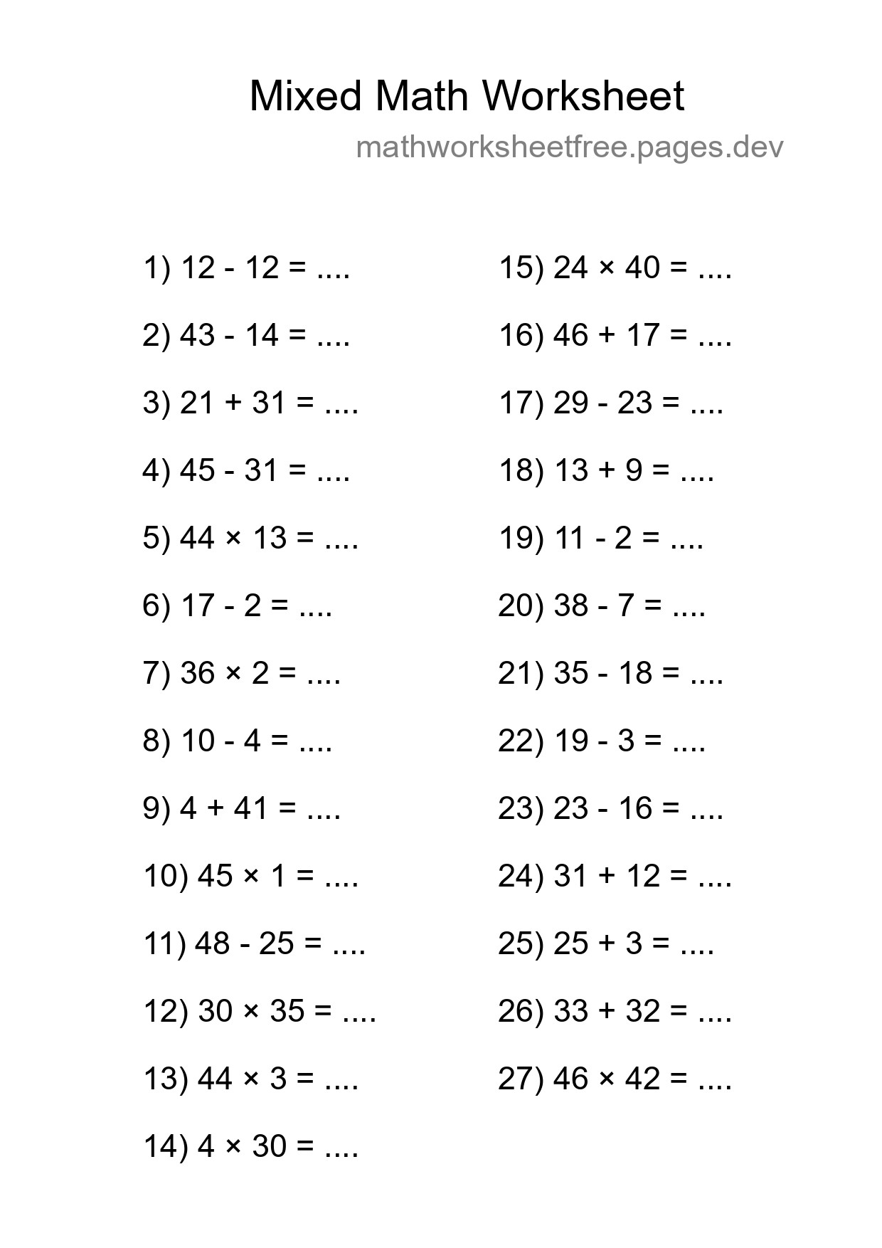 Mixed Operations Math Worksheet