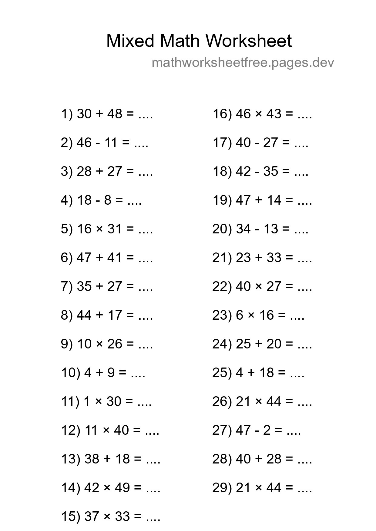 Mixed Operations Math Worksheet