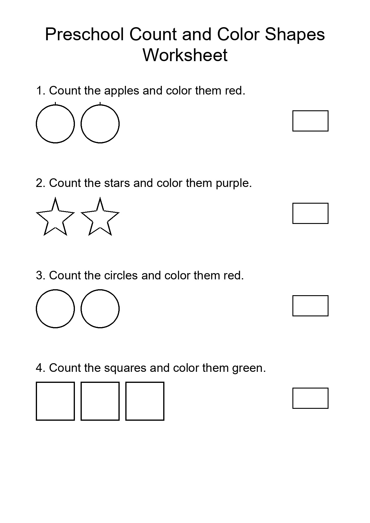 Preschool Count and Color Shapes Worksheet