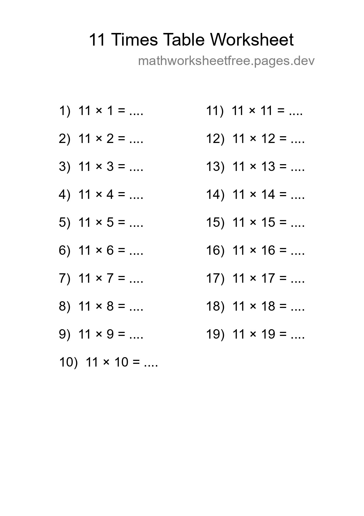 Printable 11 Times Table Worksheet For Grade 4 - Part 279