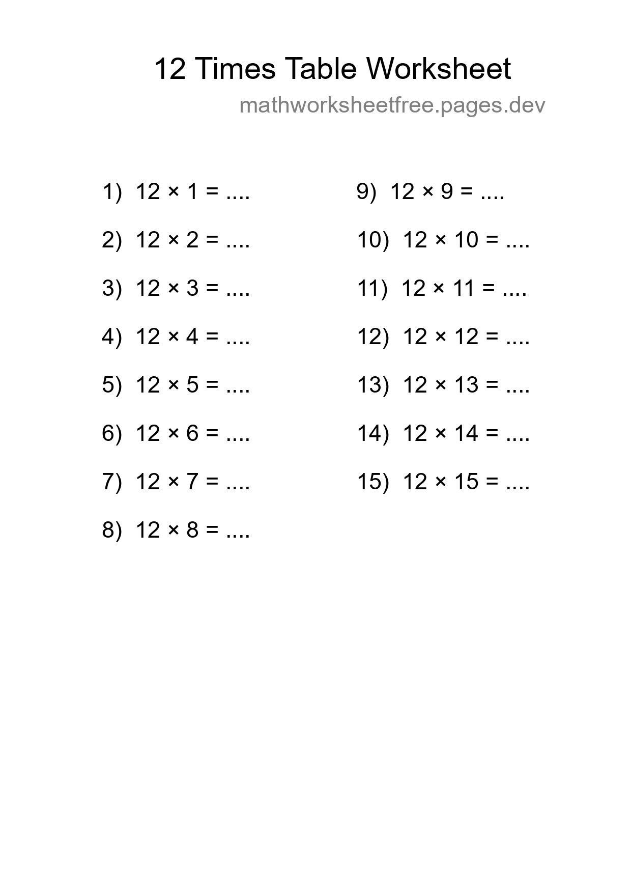 Printable 12 Times Table Worksheet For Grade 4 - Part 129