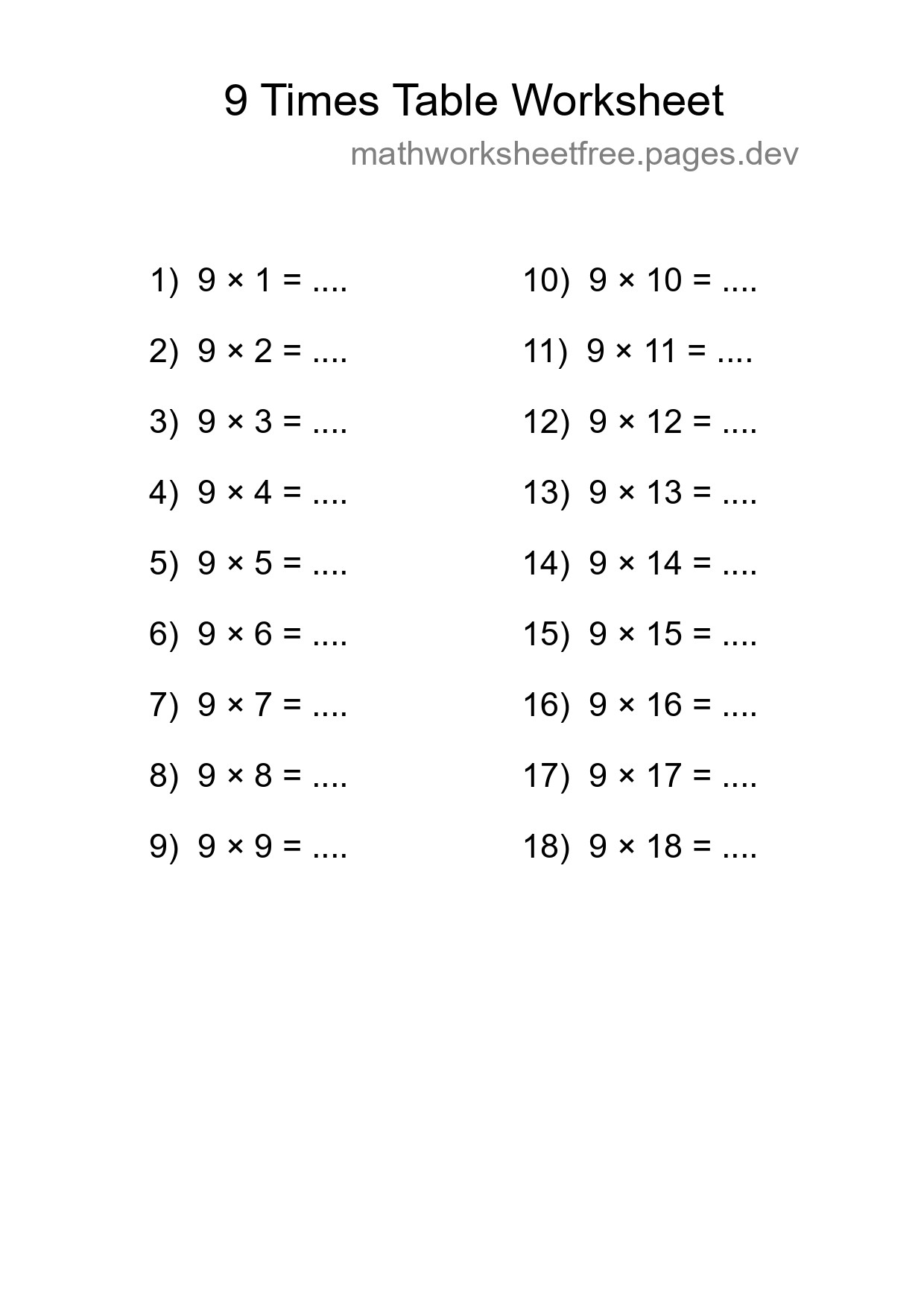Printable 9 Times Table Worksheet For Grade 3 - Part 179