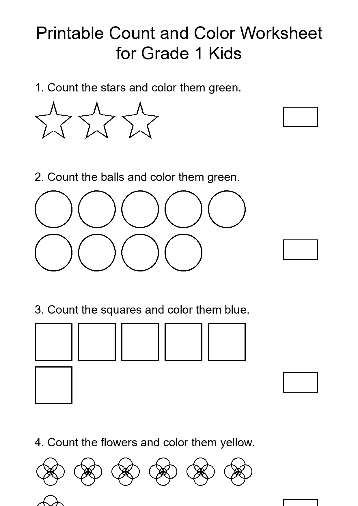 Printable Count and Color Worksheet for Grade 1 Kids