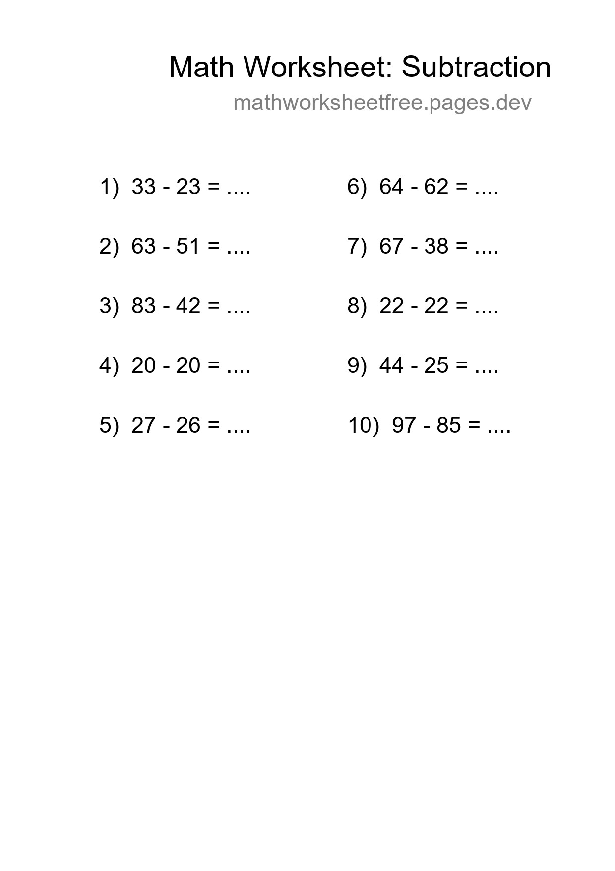 Printable Free 10 Subtraction Math Worksheet For Grade 3 - Part 118