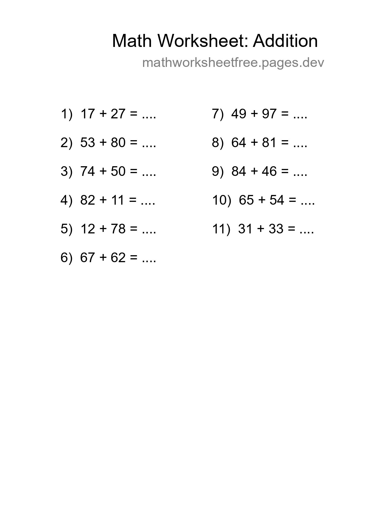 Printable Free 11 Addition Math Worksheet For Grade 3 - Part 111