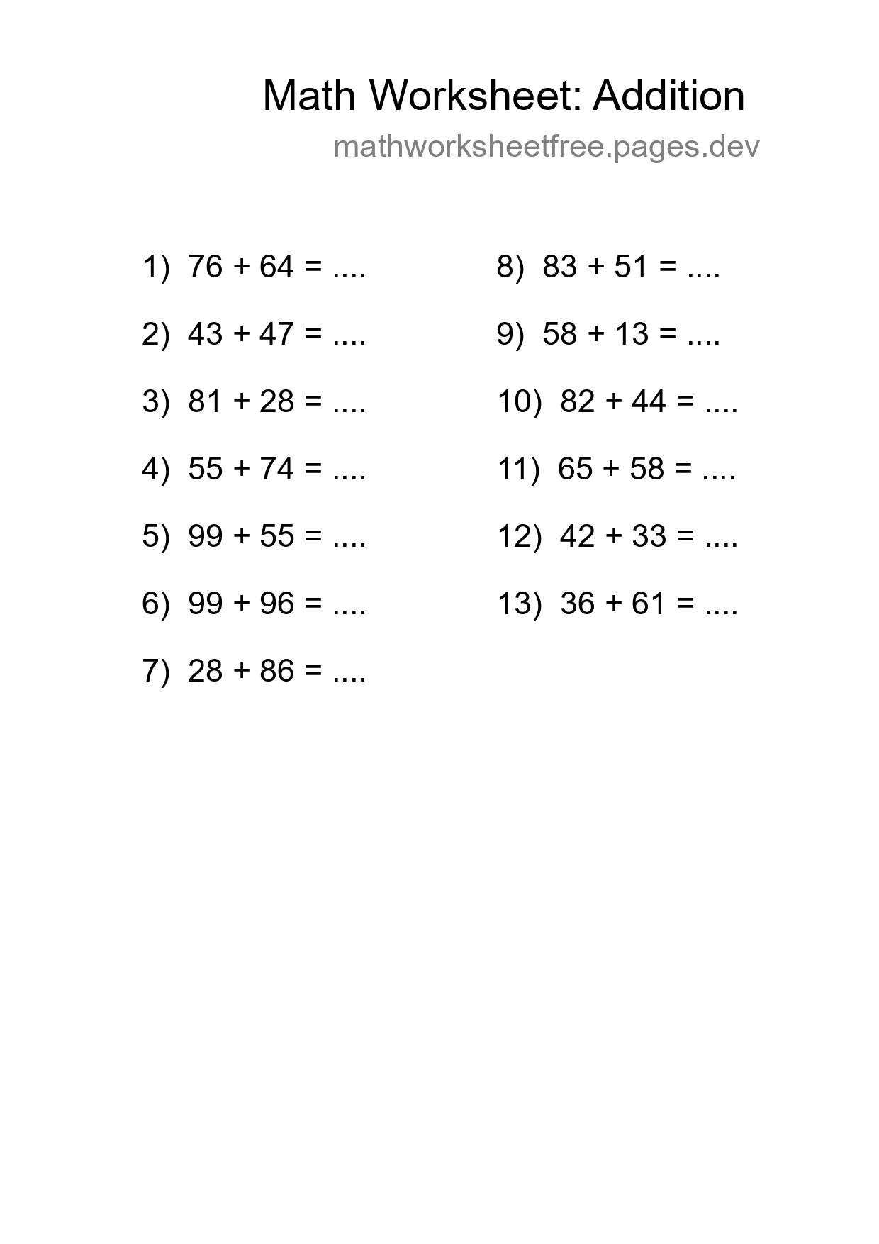 Printable Free 13 Addition Math Worksheet For Grade 3 - Part 71