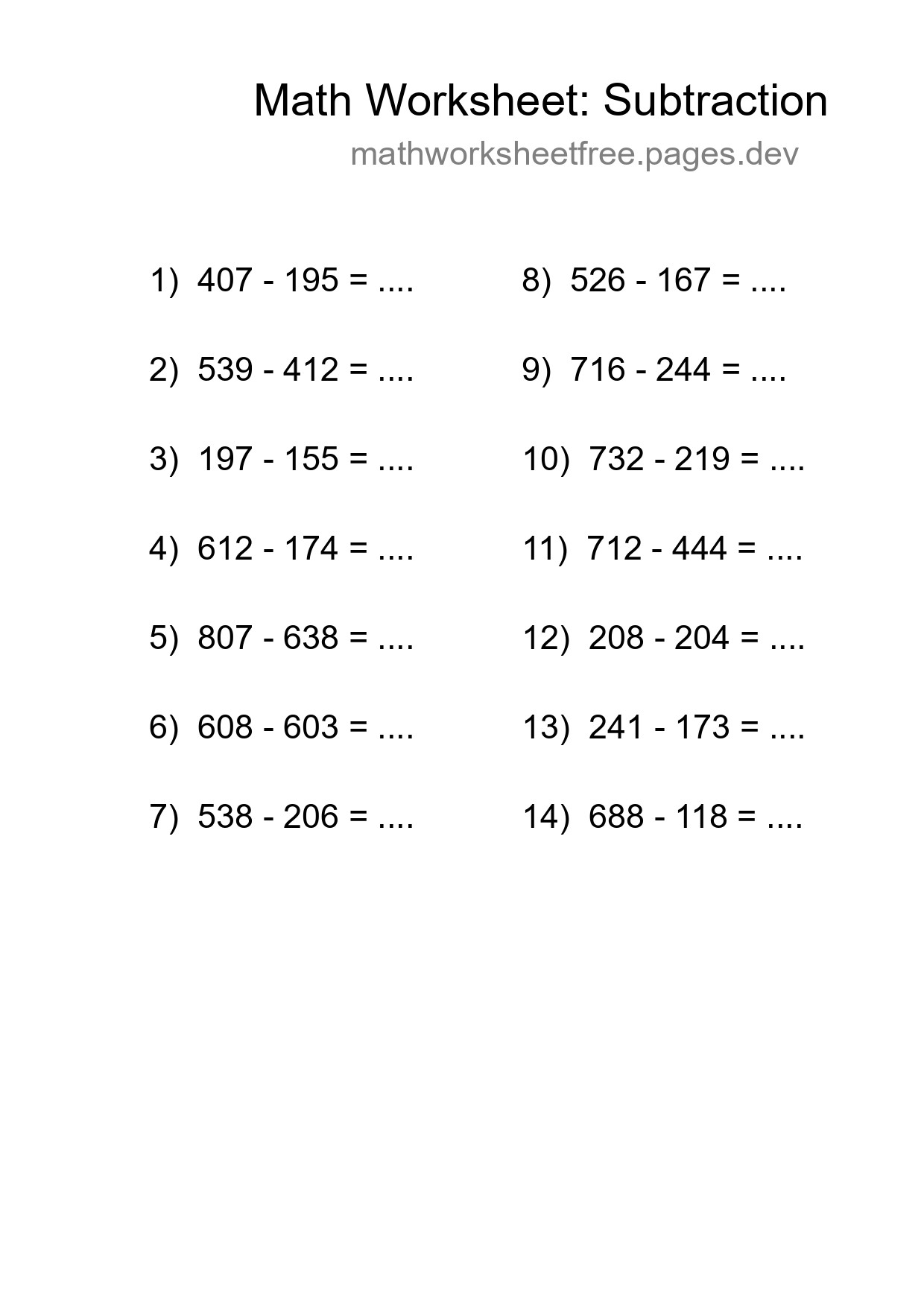 Printable Free 14 Subtraction Math Worksheet For Grade 5 - Part 208