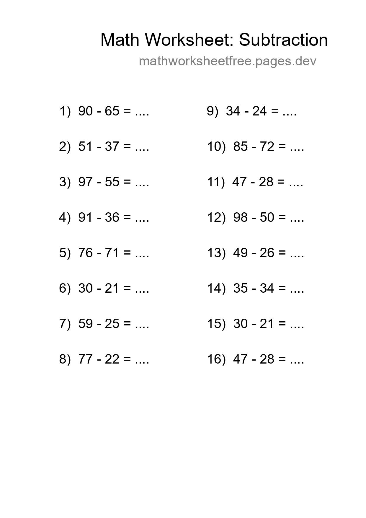 Printable Free 16 Subtraction Math Worksheet For Grade 3 - Part 78