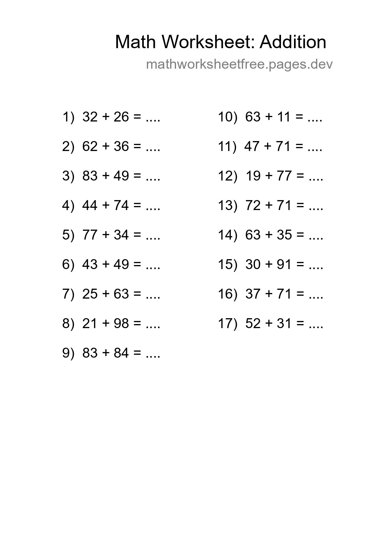 Printable Free 17 Addition Math Worksheet For Grade 3 - Part 101