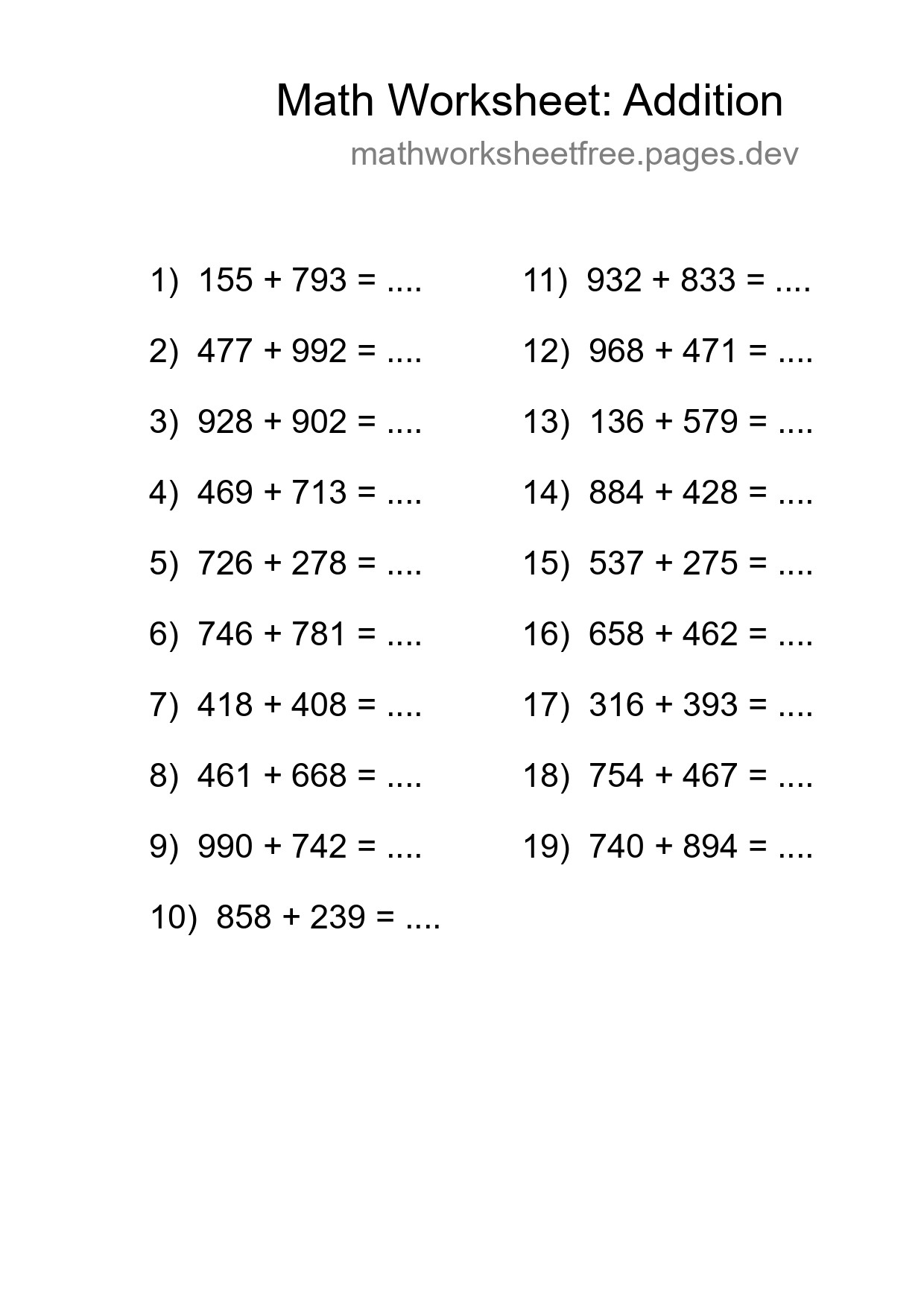 Printable Free 19 Addition Math Worksheet For Grade 5