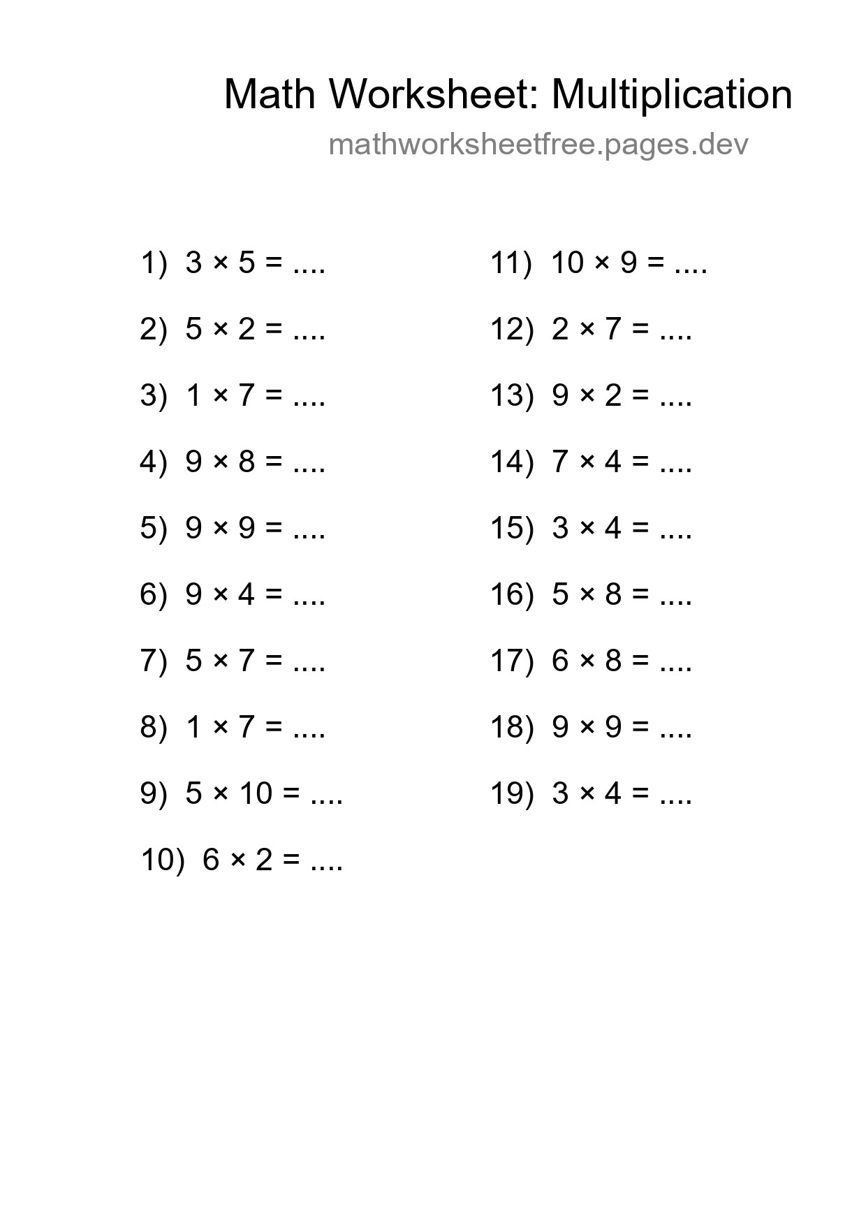 Printable Free 19 Multiplication Math Worksheet For Grade 1 - Part 127