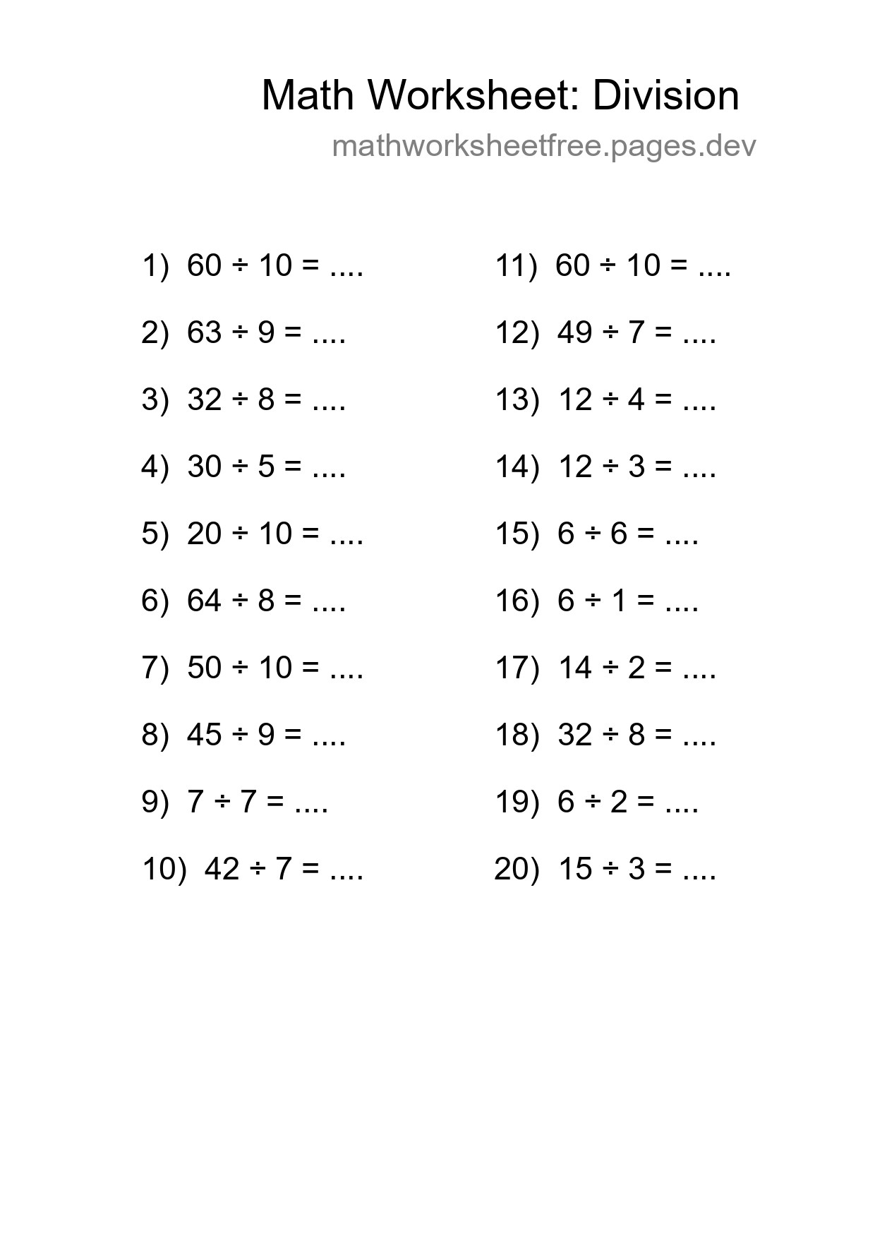 Printable Free 20 Division Math Worksheet For Grade 1 - Part 204