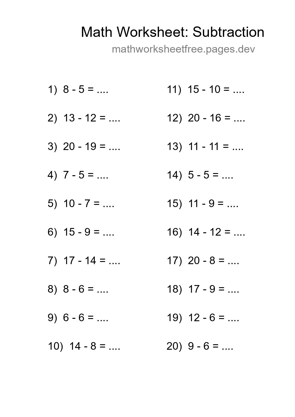 Printable Free 20 Subtraction Math Worksheet For Grade 2 - Part 198