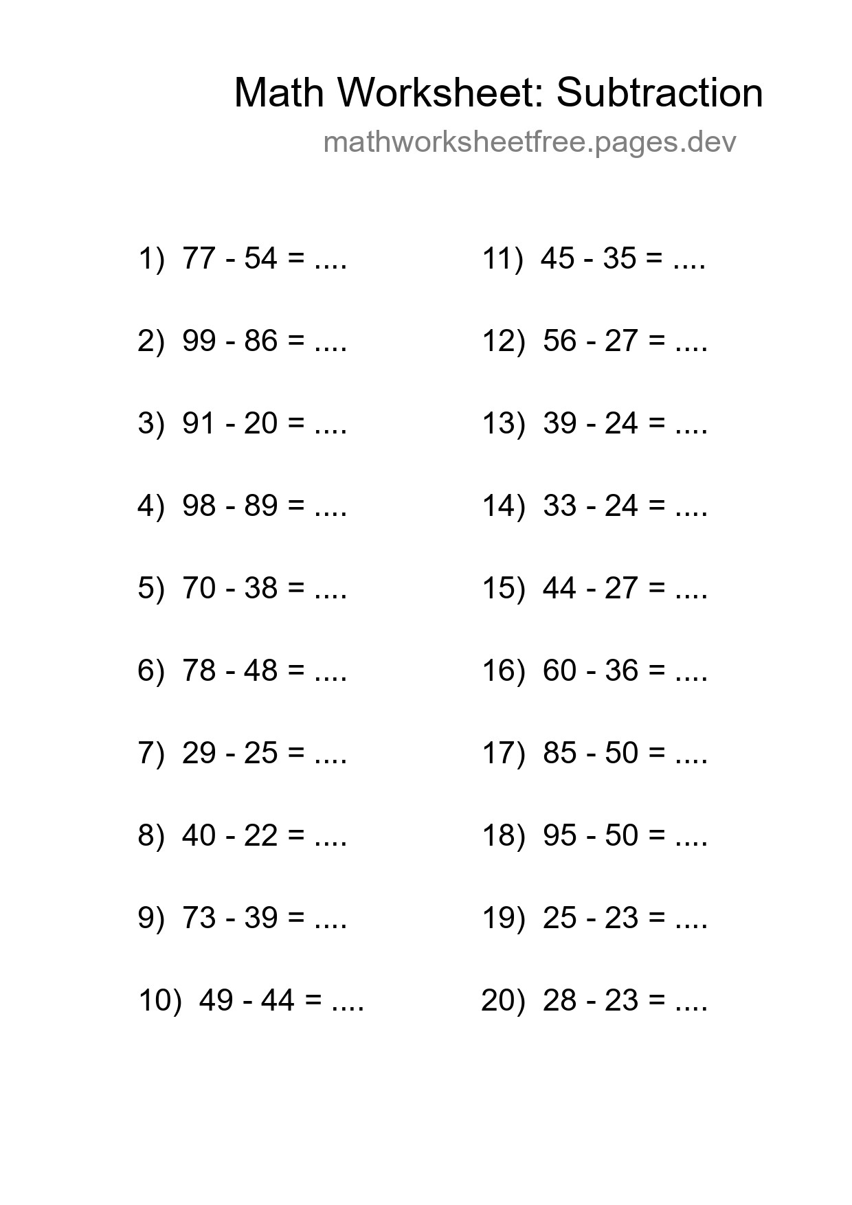 Printable Free 20 Subtraction Math Worksheet For Grade 3 - Part 168