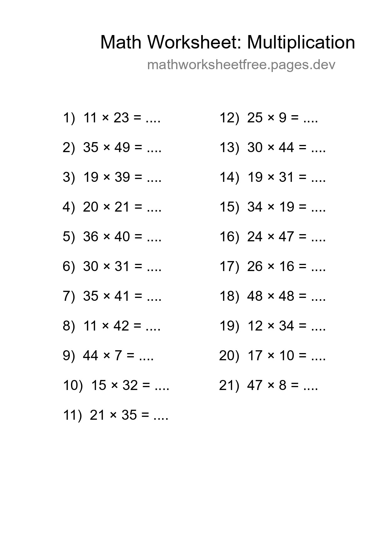 Printable Free 21 Multiplication Math Worksheet For Grade 2 - Part 47