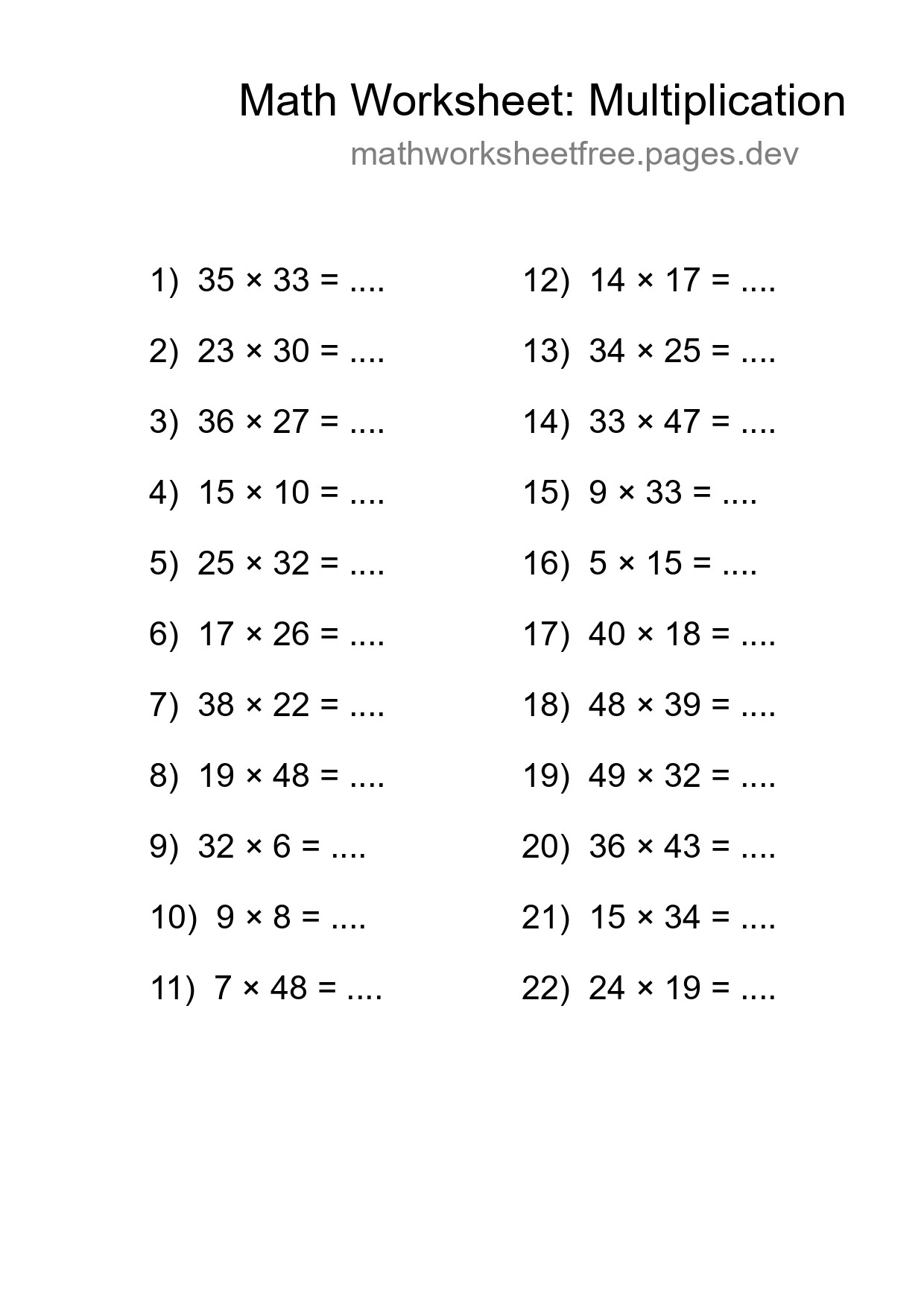 Printable Free 22 Multiplication Math Worksheet For Grade 2 - Part 237