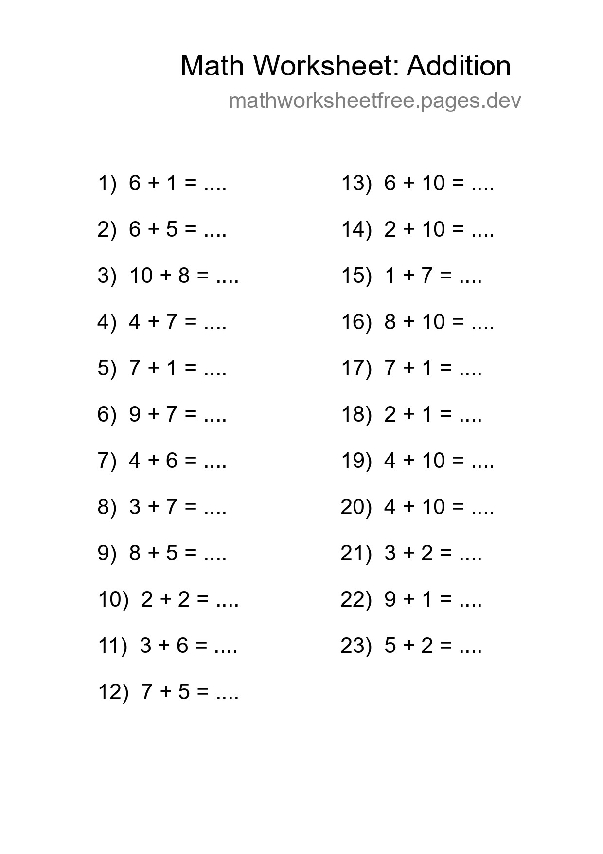 Printable Free 23 Addition Math Worksheet For Grade 1 - Part 191