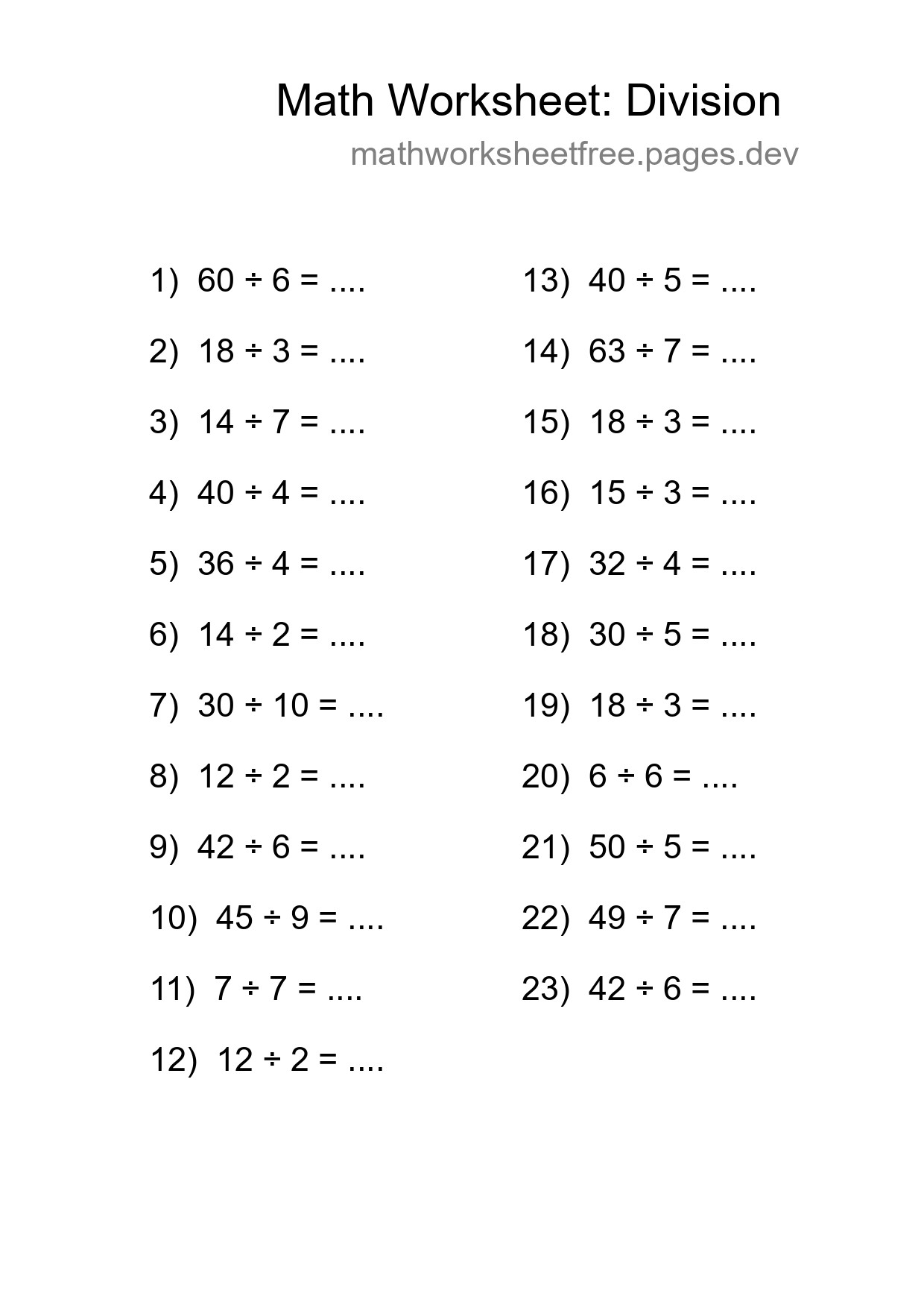 Printable Free 23 Division Math Worksheet For Grade 1 - Part 214