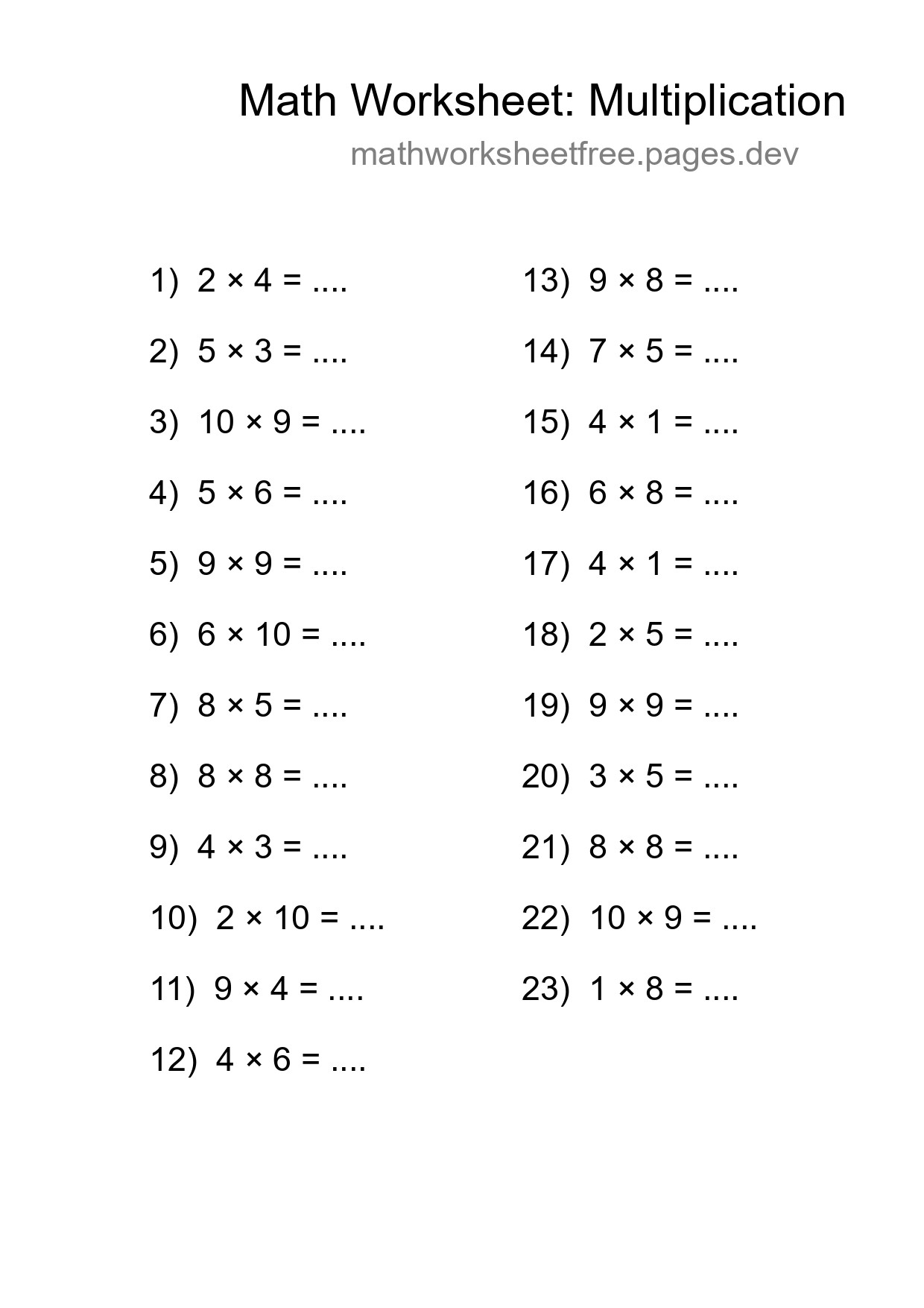 Printable Free 23 Multiplication Math Worksheet For Grade 1 - Part 297