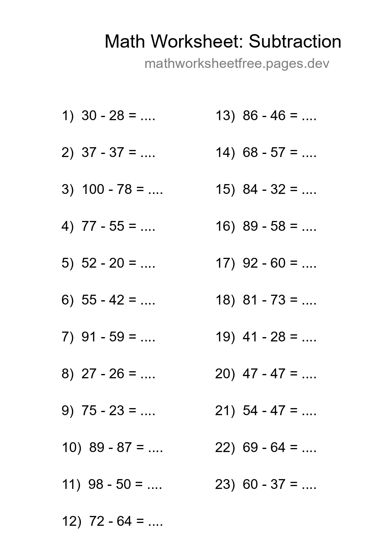 Printable Free 23 Subtraction Math Worksheet For Grade 3 - Part 108