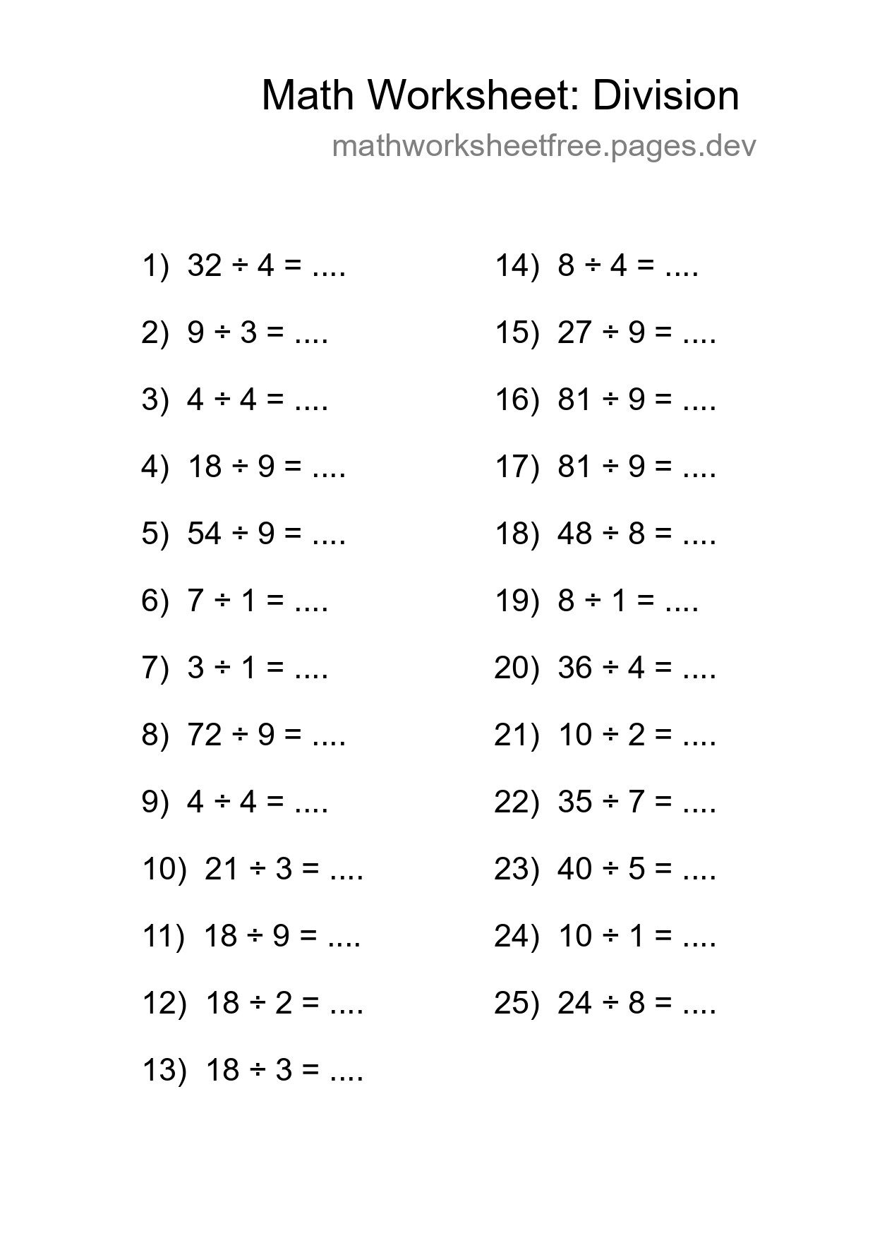 Printable Free 25 Division Math Worksheet For Grade 1 - Part 264