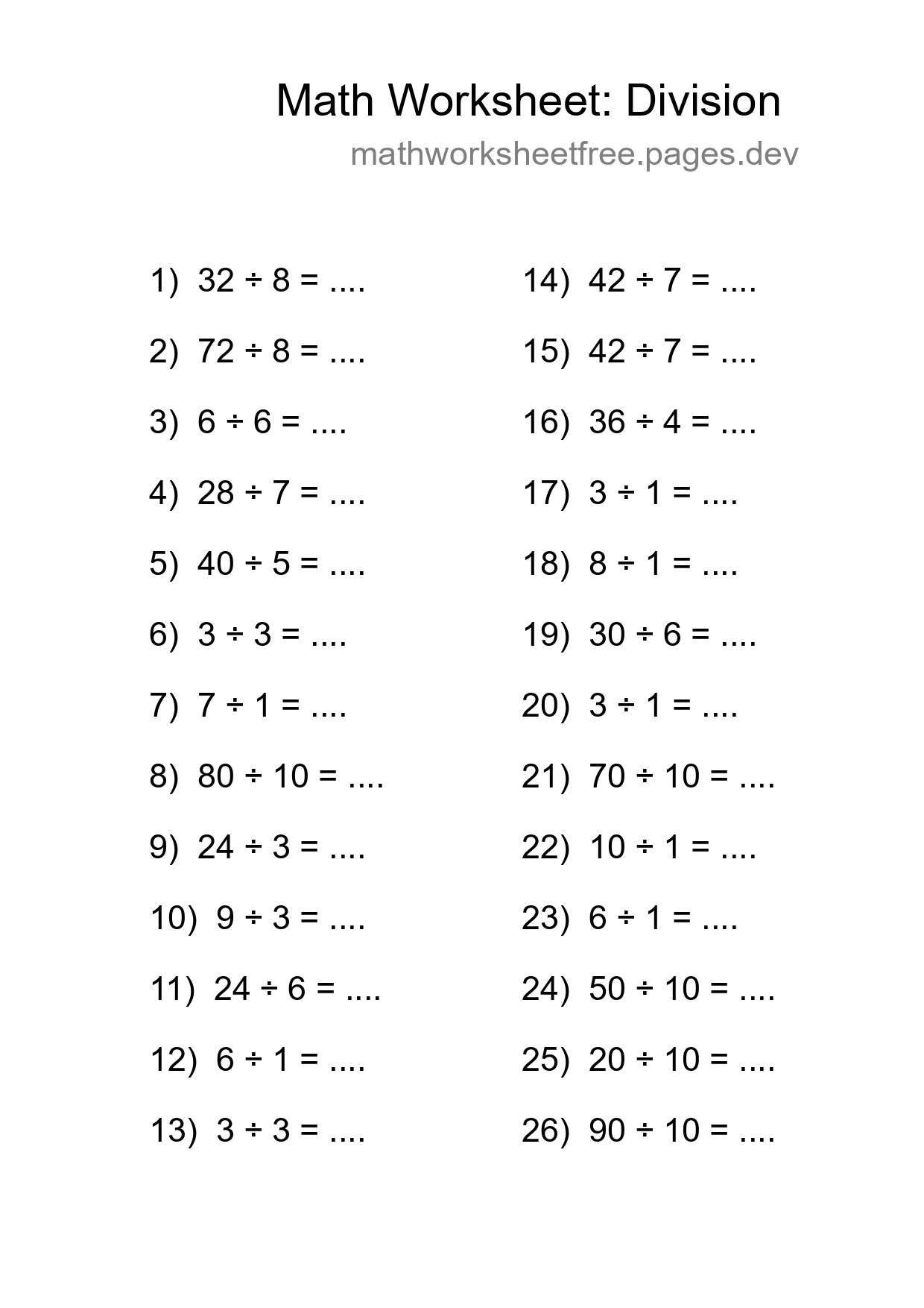 Printable Free 26 Division Math Worksheet For Grade 1 - Part 244