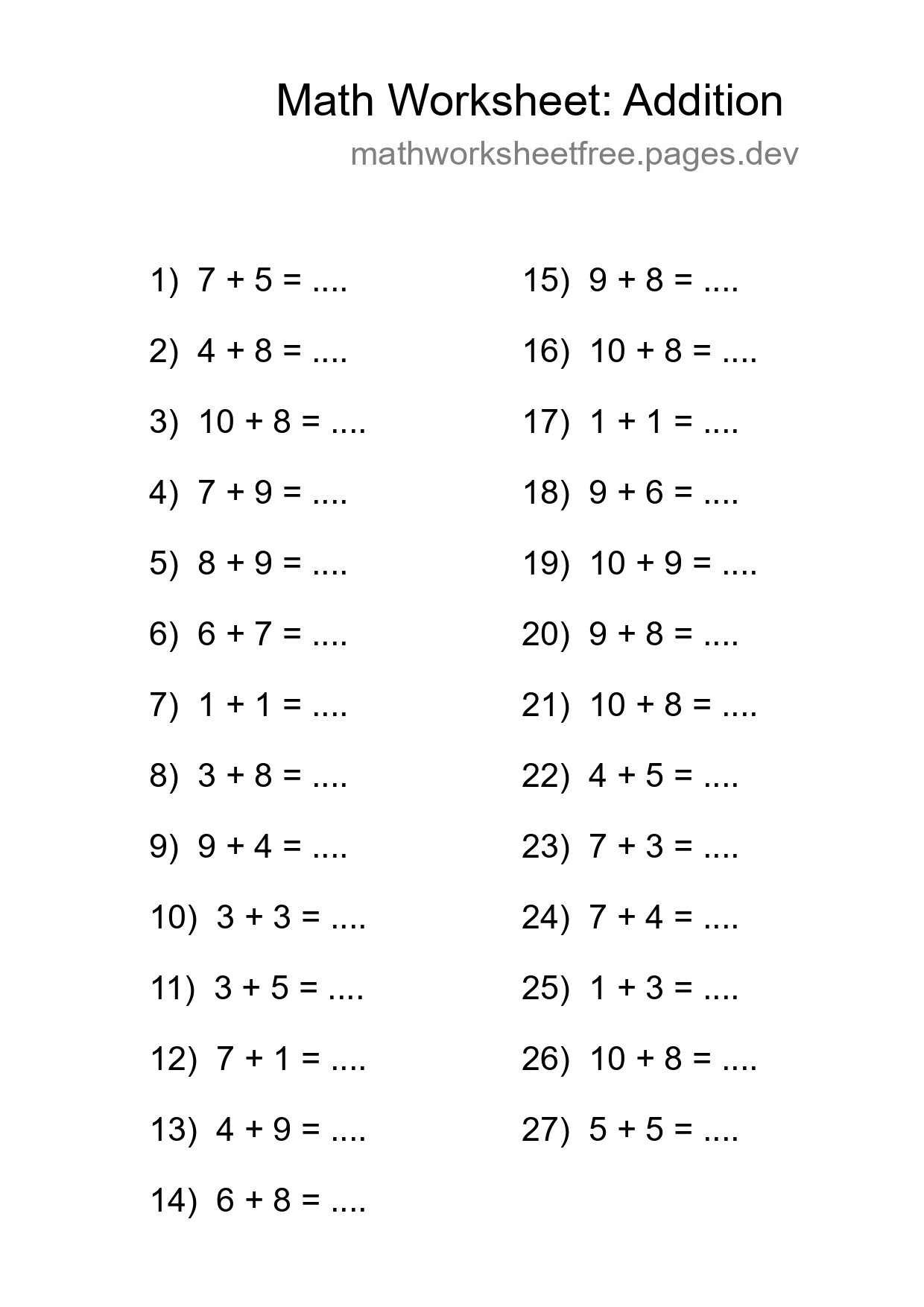 Printable Free 27 Addition Math Worksheet For Grade 1 - Part 81