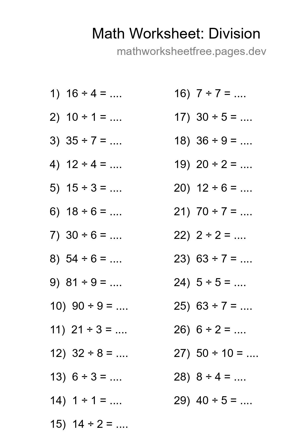 Printable Free 29 Division Math Worksheet For Grade 1 - Part 184